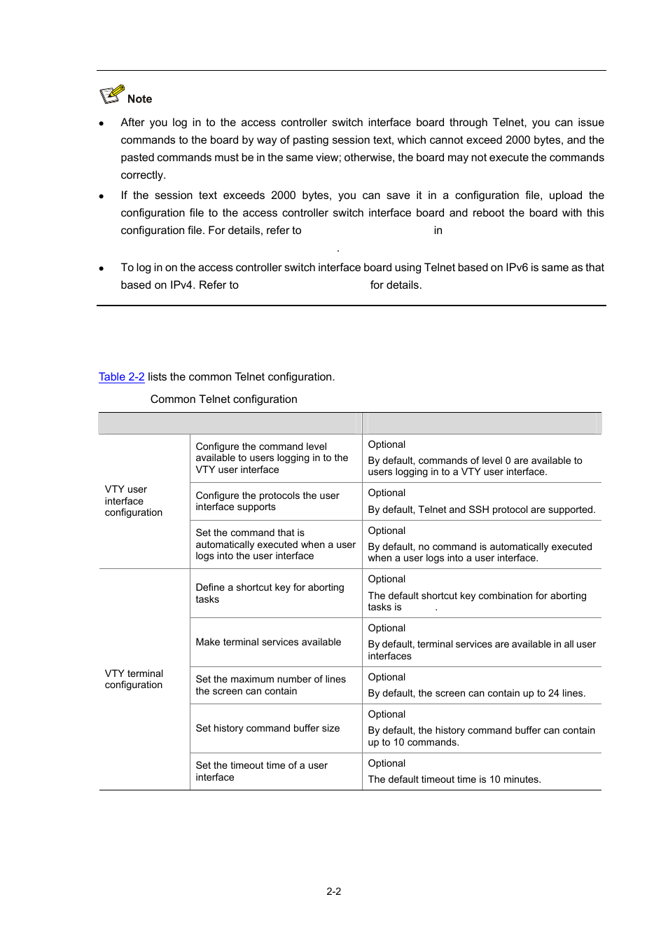 Common configuration, Table 2-2 | H3C Technologies H3C WX6000 Series Access Controllers User Manual | Page 32 / 678