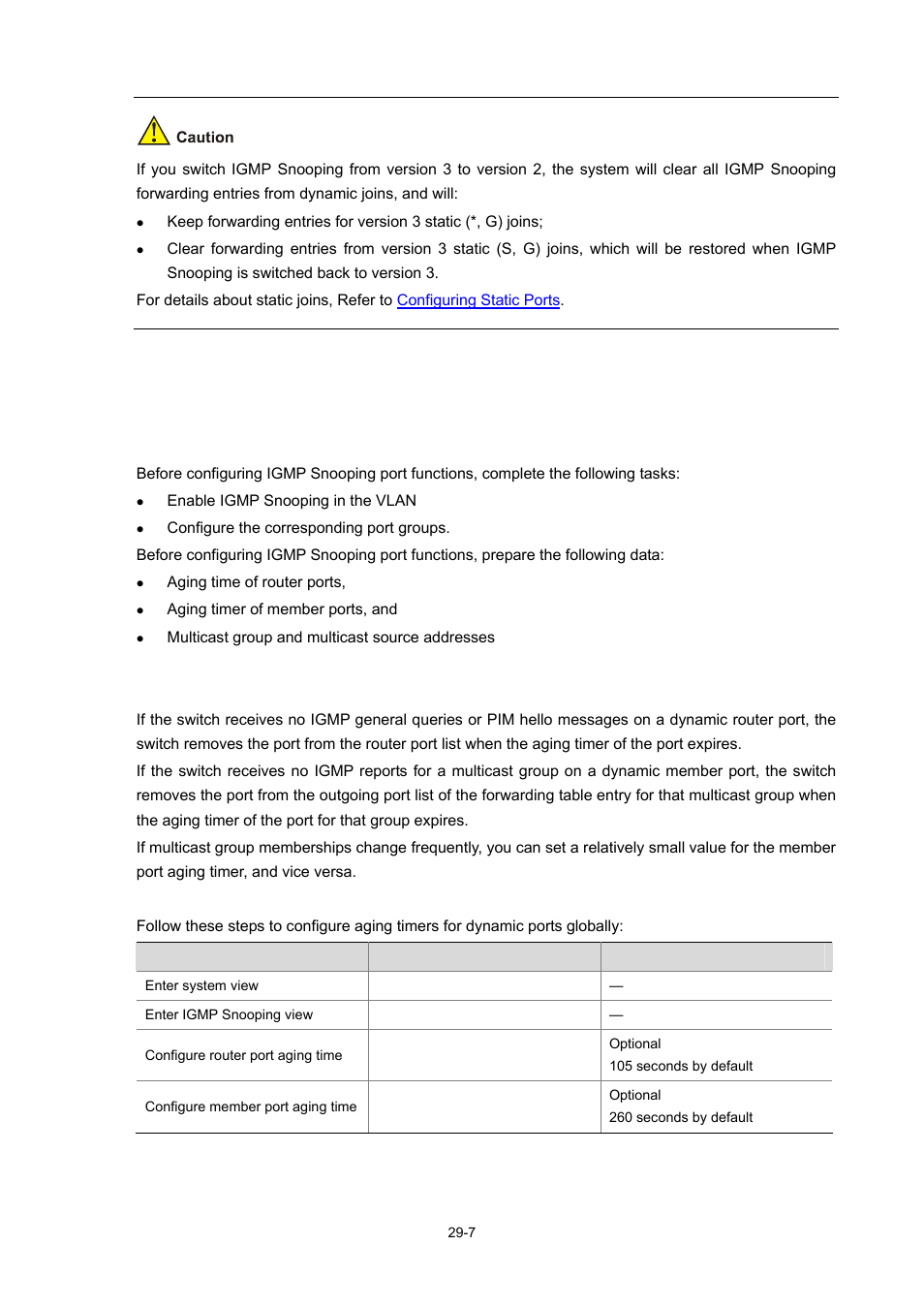 Configuring igmp snooping port functions, Configuration prerequisites, Configuring aging timers for dynamic ports | H3C Technologies H3C WX6000 Series Access Controllers User Manual | Page 325 / 678