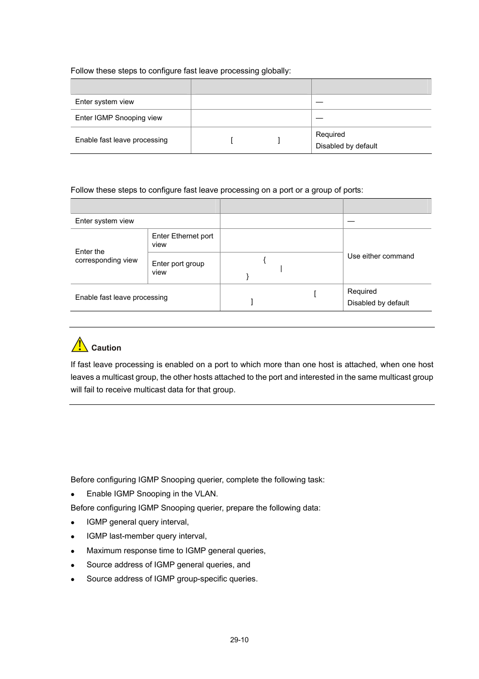 Configuring fast leave processing globally, Configuring igmp snooping querier, Configuration prerequisites | H3C Technologies H3C WX6000 Series Access Controllers User Manual | Page 328 / 678