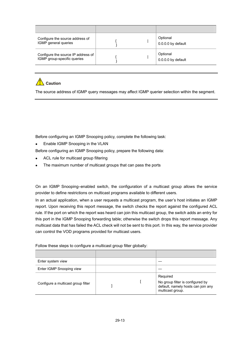 Configuring an igmp snooping policy, Configuration prerequisites, Configuring a multicast group filter | Configuring a multicast group filter globally, 13 configuring a multicast group filter | H3C Technologies H3C WX6000 Series Access Controllers User Manual | Page 331 / 678