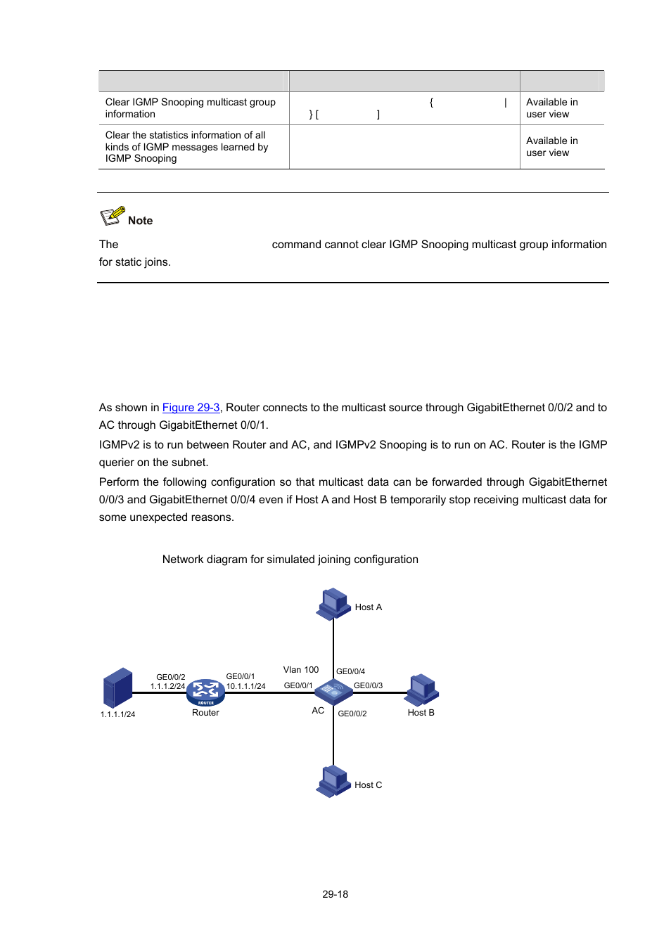 Igmp snooping configuration examples, Configuring simulated joining, Network requirements | Network diagram, Igmp snooping configuration example | H3C Technologies H3C WX6000 Series Access Controllers User Manual | Page 336 / 678