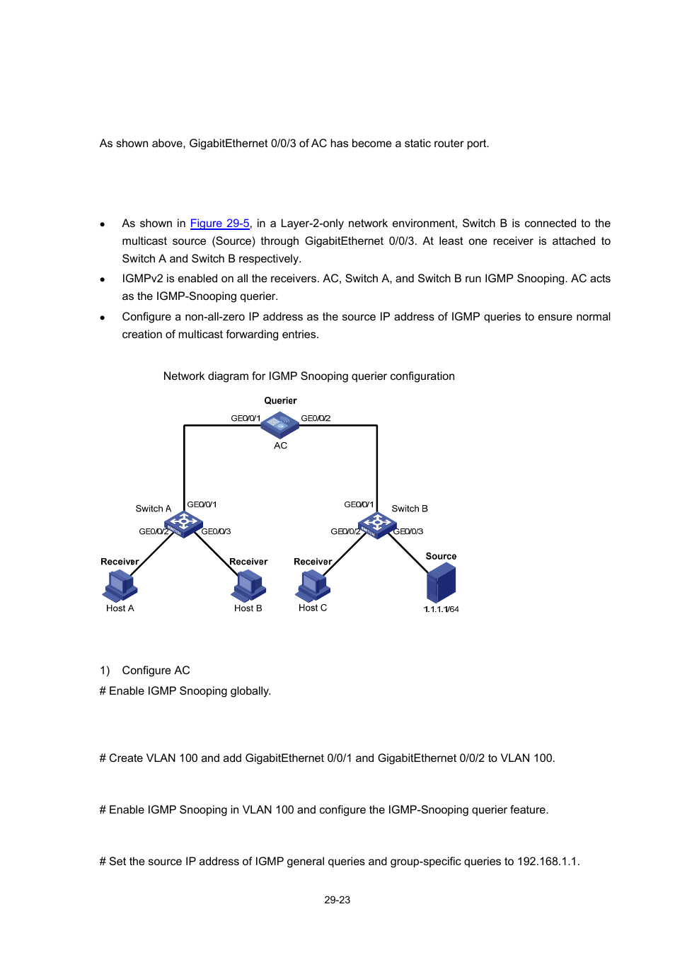 Igmp snooping querier configuration, Network requirements, Network diagram | Configuration procedure | H3C Technologies H3C WX6000 Series Access Controllers User Manual | Page 341 / 678