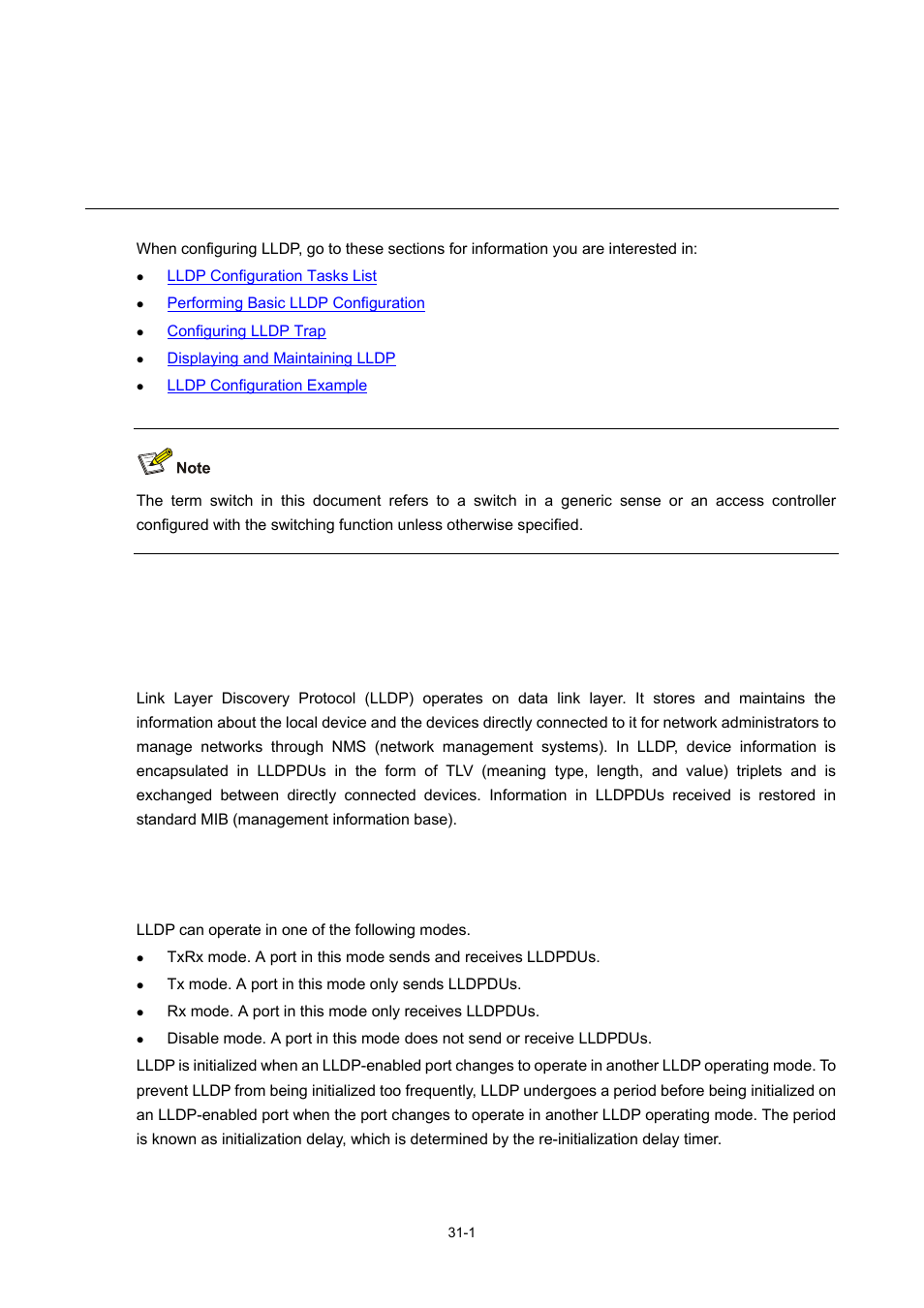 31 lldp configuration, Introduction to lldp, Overview | Lldp fundamental, Lldp operating mode, 1 lldp fundamental, Lldp configuration | H3C Technologies H3C WX6000 Series Access Controllers User Manual | Page 348 / 678