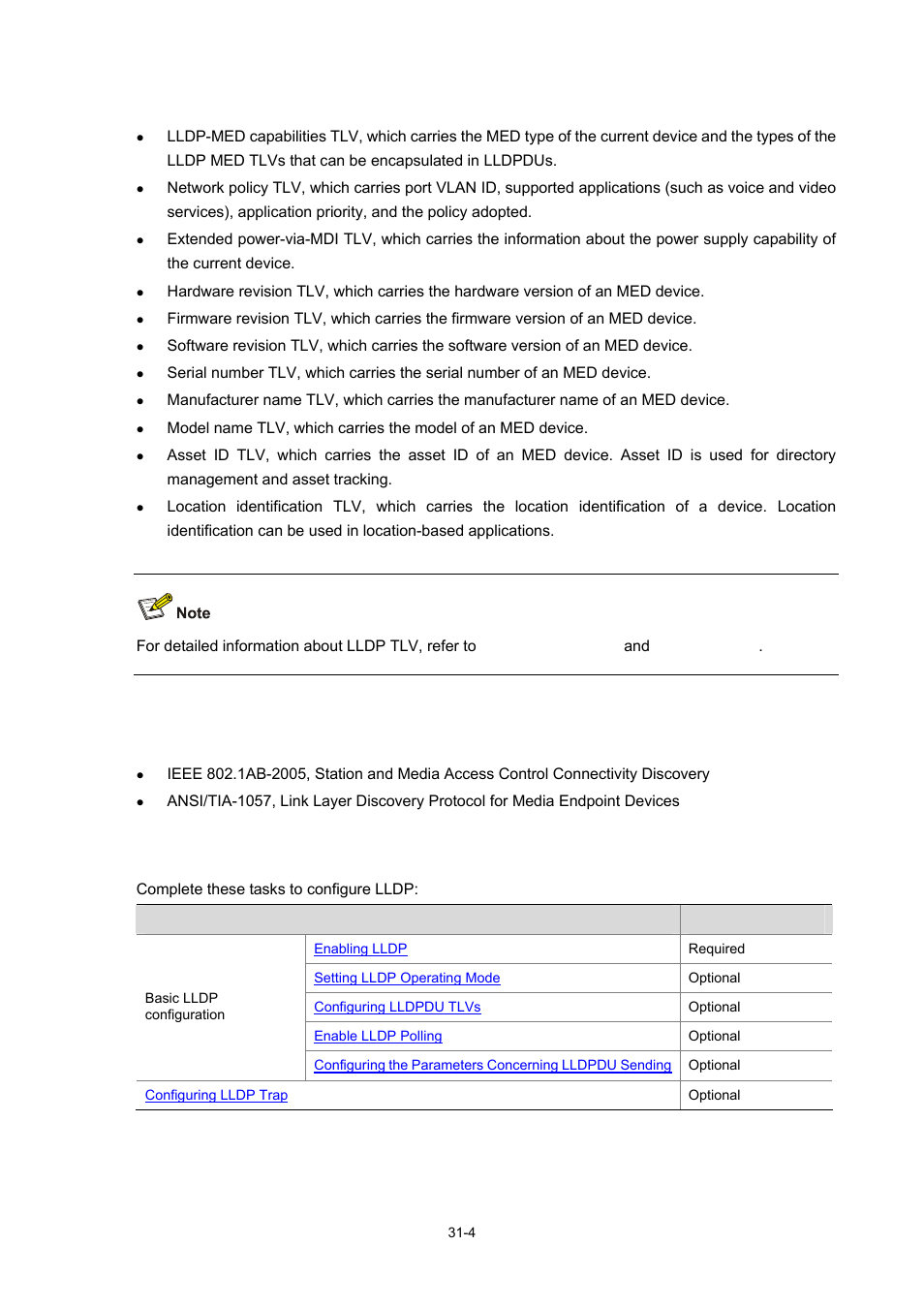 Med related lldp tlvs, Protocols and standards, Lldp configuration tasks list | H3C Technologies H3C WX6000 Series Access Controllers User Manual | Page 351 / 678