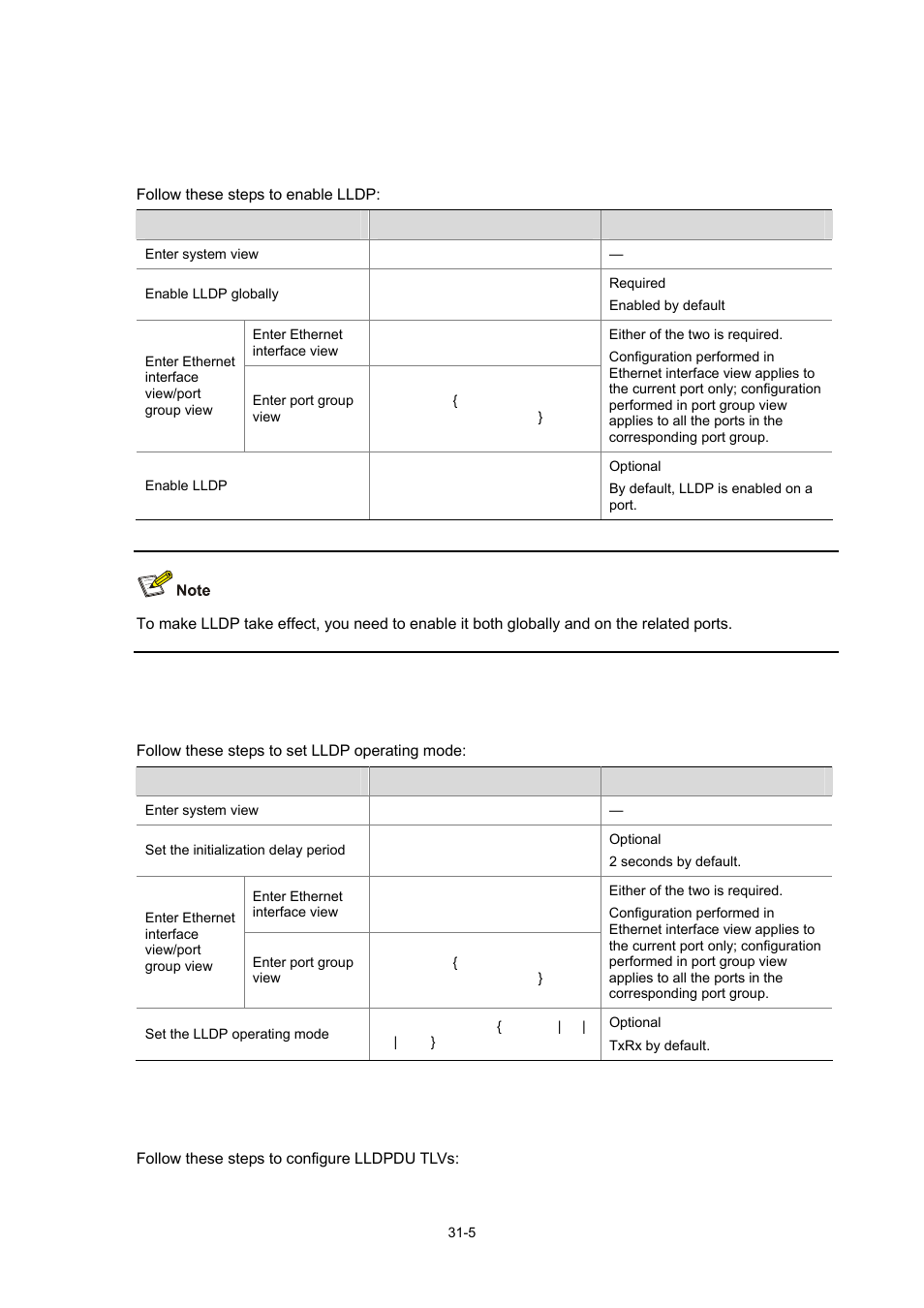 Performing basic lldp configuration, Enabling lldp, Setting lldp operating mode | Configuring lldpdu tlvs, 5 setting lldp operating mode, 5 configuring lldpdu tlvs | H3C Technologies H3C WX6000 Series Access Controllers User Manual | Page 352 / 678