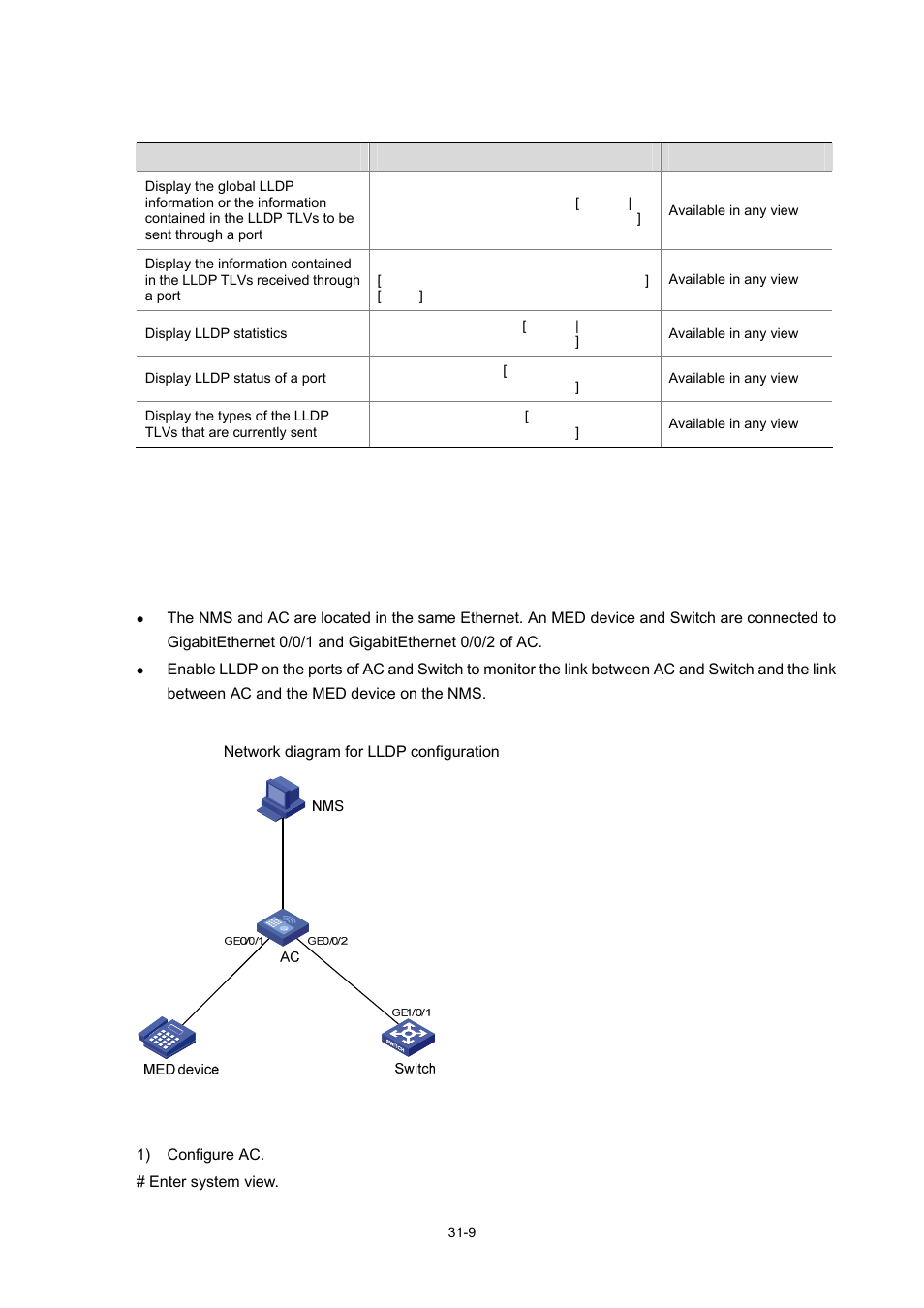 Displaying and maintaining lldp, Lldp configuration example, Network requirements | Network diagram, Configuration procedure, 9 lldp configuration example | H3C Technologies H3C WX6000 Series Access Controllers User Manual | Page 356 / 678