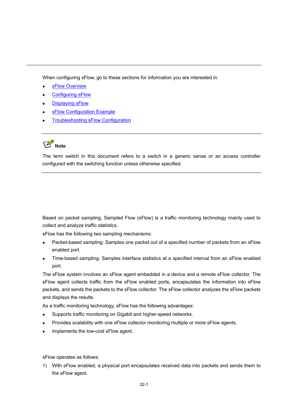 32 sflow configuration, Sflow overview, Introduction to sflow | Operation of sflow, 1 operation of sflow, Sflow configuration | H3C Technologies H3C WX6000 Series Access Controllers User Manual | Page 359 / 678