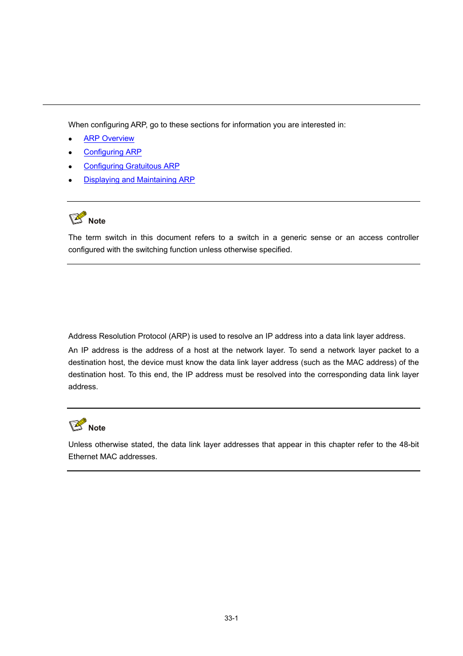 33 arp configuration, Arp overview, Arp function | Arp configuration | H3C Technologies H3C WX6000 Series Access Controllers User Manual | Page 363 / 678