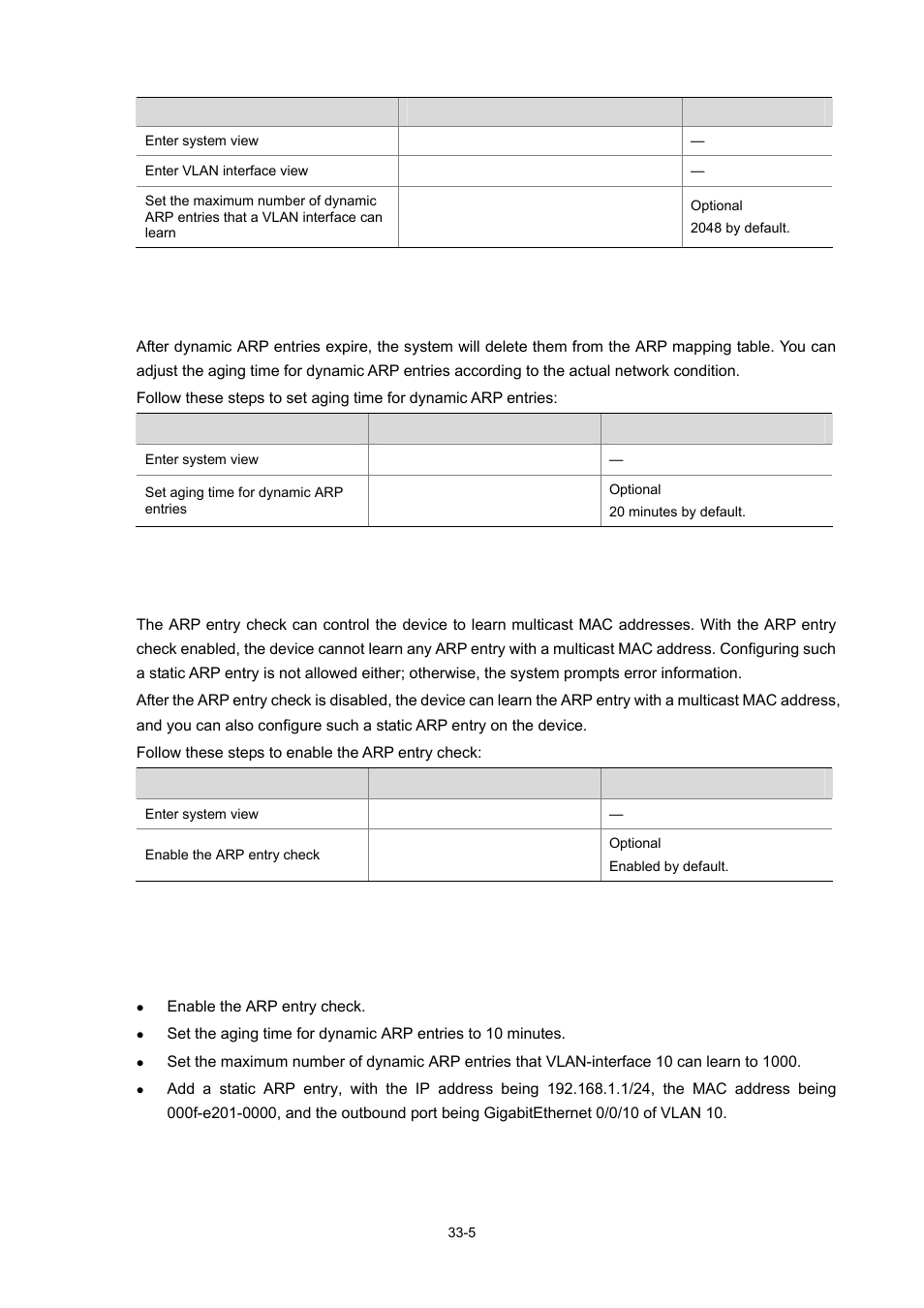 Setting aging time for dynamic arp entries, Enabling the arp entry check, Arp configuration example | Network requirements, Configuration procedure, 5 arp configuration example | H3C Technologies H3C WX6000 Series Access Controllers User Manual | Page 367 / 678