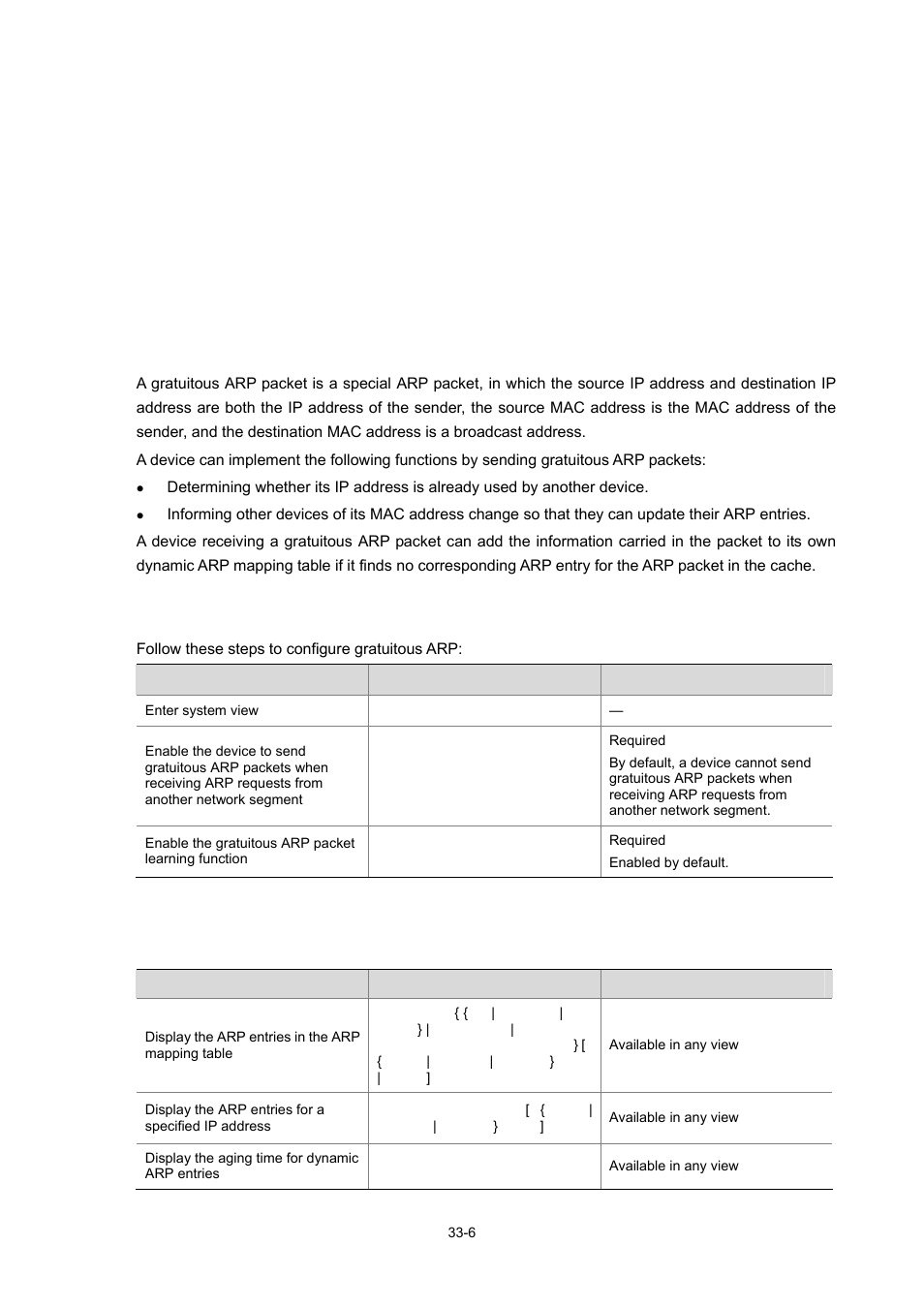 Configuring gratuitous arp, Introduction to gratuitous arp, Displaying and maintaining arp | 6 configuring gratuitous arp | H3C Technologies H3C WX6000 Series Access Controllers User Manual | Page 368 / 678