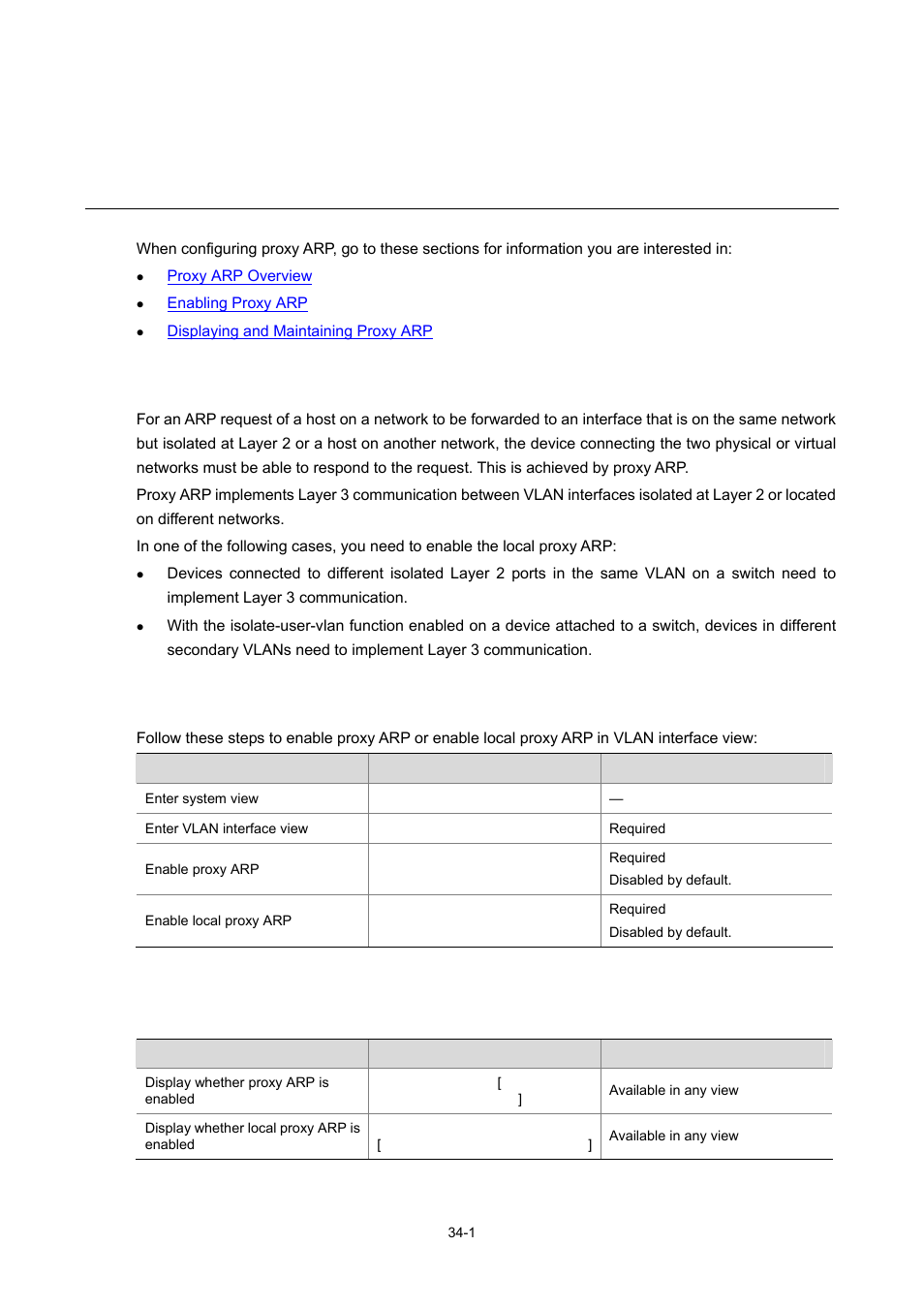 34 proxy arp configuration, Proxy arp overview, Enabling proxy arp | Displaying and maintaining proxy arp, 1 enabling proxy arp, 1 displaying and maintaining proxy arp, Proxy arp configuration | H3C Technologies H3C WX6000 Series Access Controllers User Manual | Page 370 / 678