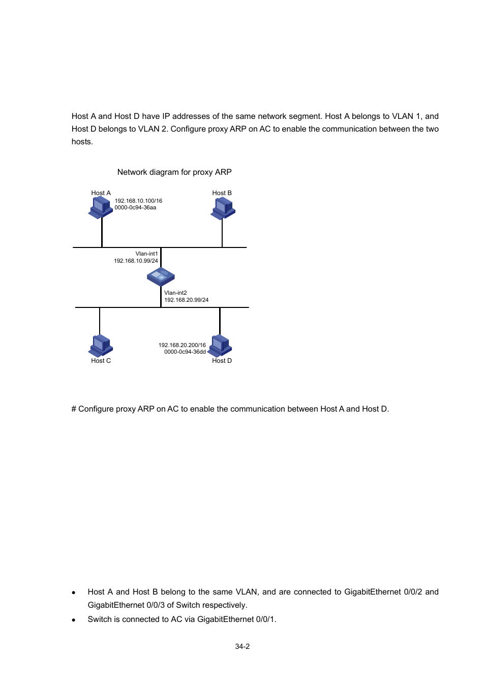 Proxy arp configuration examples, Proxy arp configuration example, Network requirements | Network diagram, Configuration procedure | H3C Technologies H3C WX6000 Series Access Controllers User Manual | Page 371 / 678