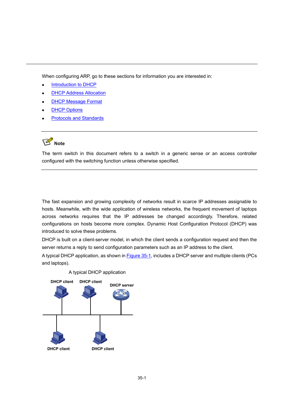 35 dhcp overview, Introduction to dhcp, Dhcp overview | H3C Technologies H3C WX6000 Series Access Controllers User Manual | Page 374 / 678