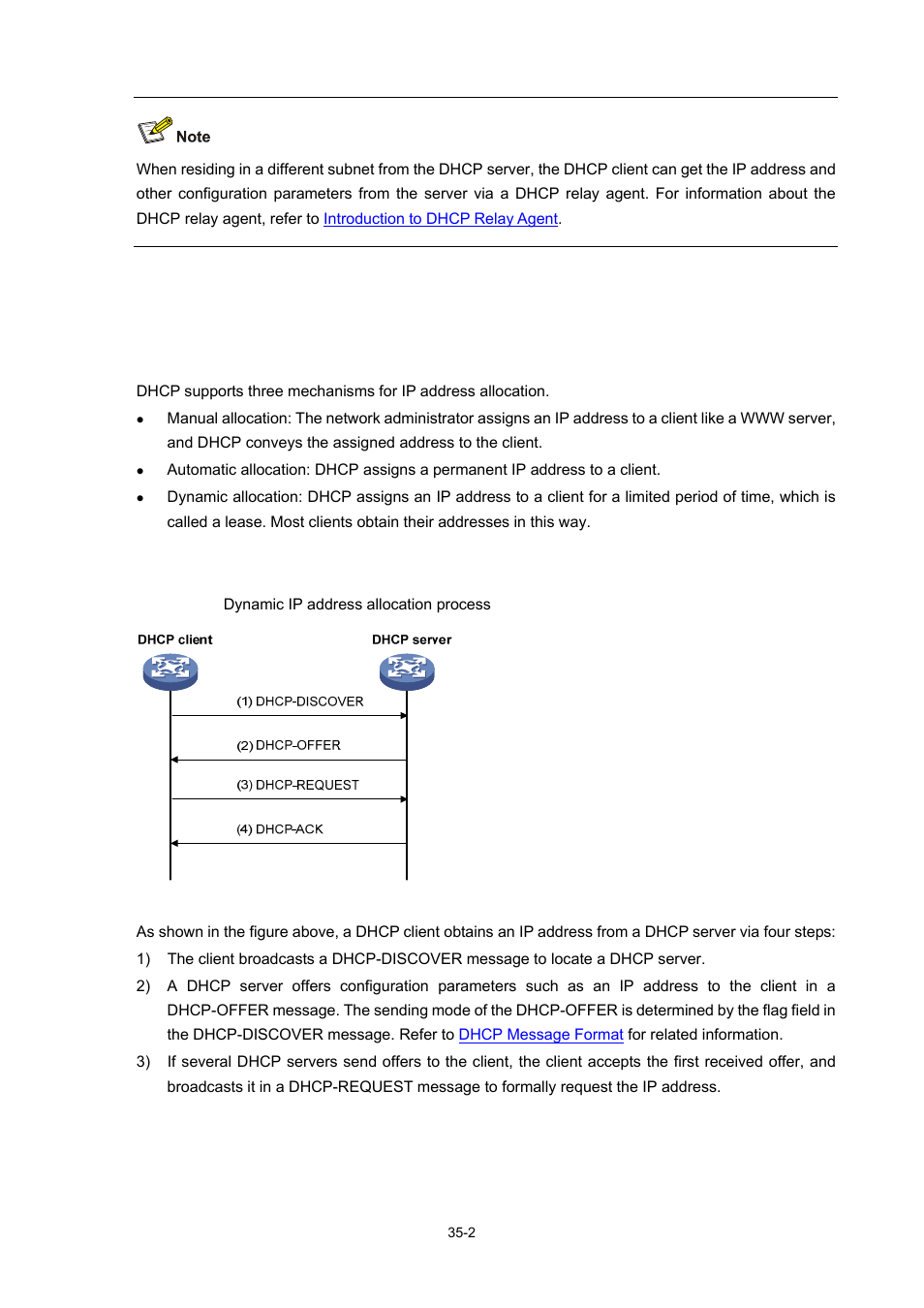 Dhcp address allocation, Allocation mechanisms, Dynamic ip address allocation process | H3C Technologies H3C WX6000 Series Access Controllers User Manual | Page 375 / 678