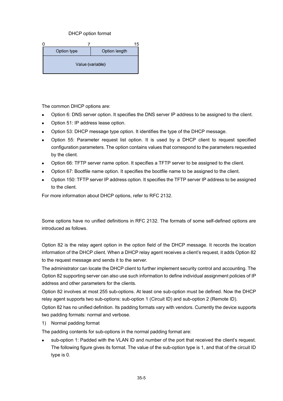 Introduction to dhcp options, Self-defined options, Relay agent option (option 82) | 5 self-defined options | H3C Technologies H3C WX6000 Series Access Controllers User Manual | Page 378 / 678