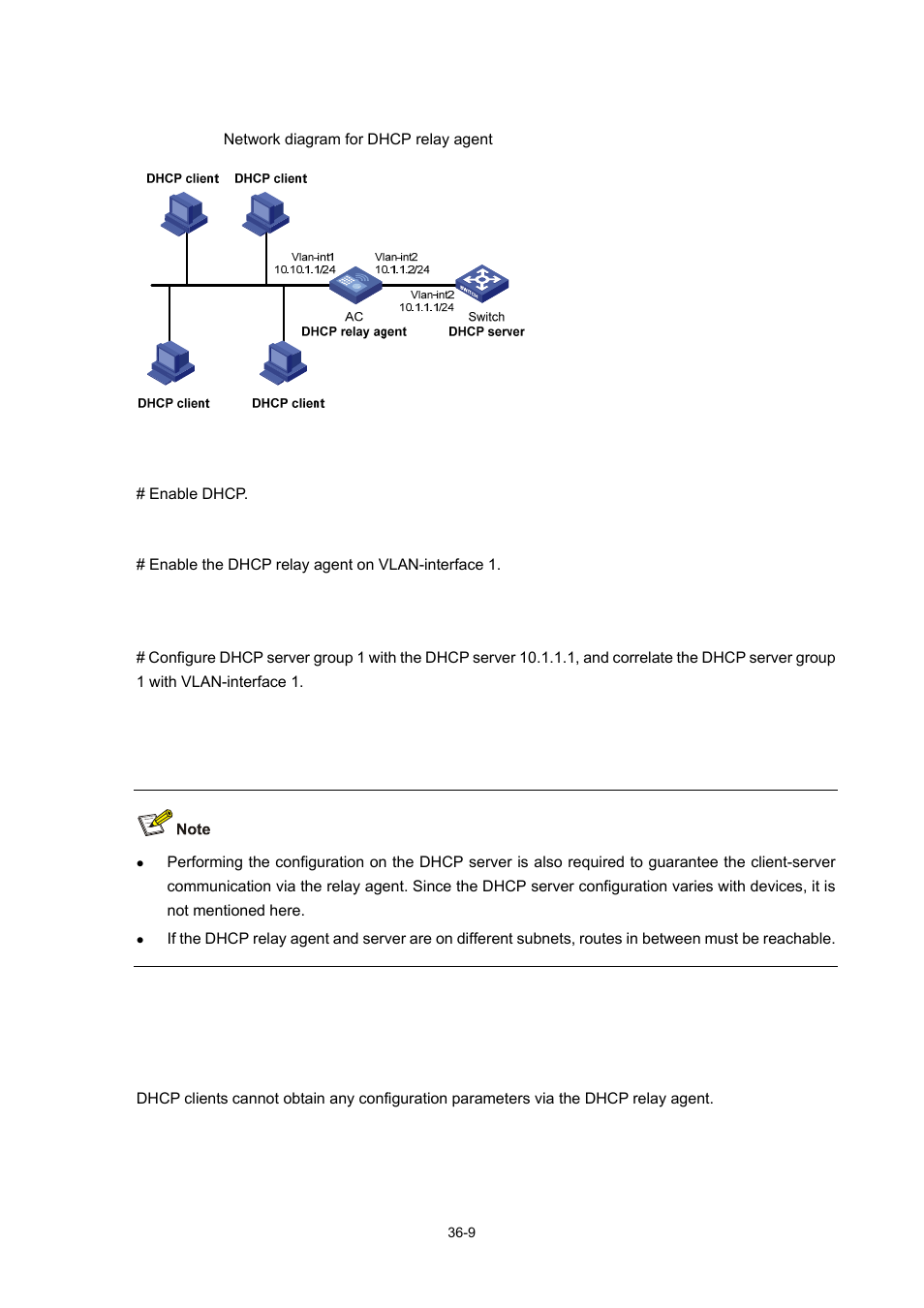 Network diagram, Configuration procedure, Troubleshooting dhcp relay agent configuration | Symptom | H3C Technologies H3C WX6000 Series Access Controllers User Manual | Page 389 / 678