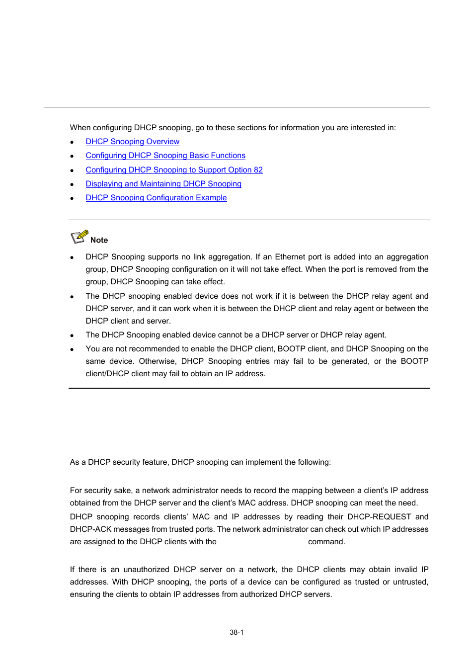 38 dhcp snooping configuration, Dhcp snooping overview, Function of dhcp snooping | Recording ip-to-mac mappings of dhcp clients, Dhcp snooping configuration | H3C Technologies H3C WX6000 Series Access Controllers User Manual | Page 394 / 678