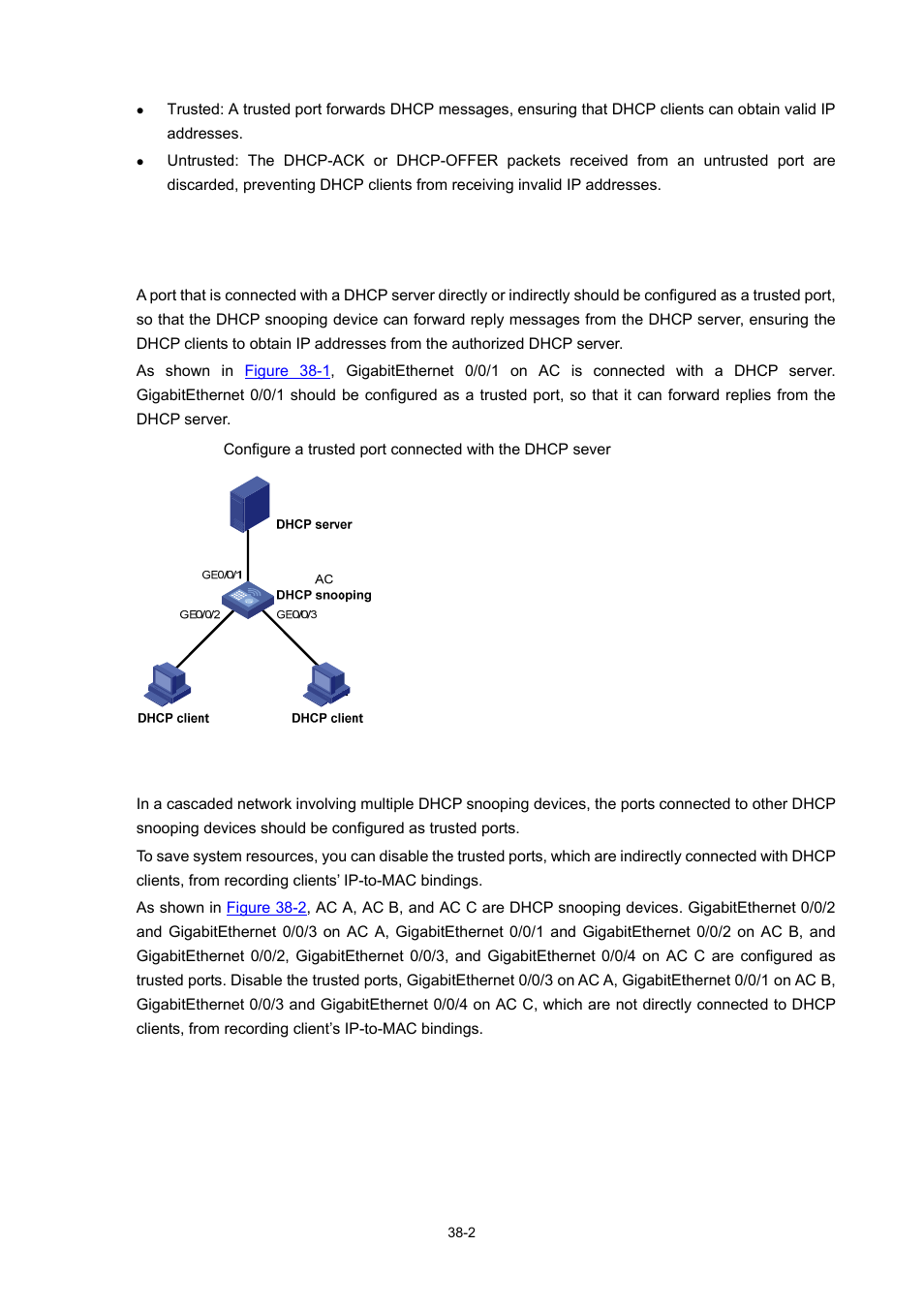 Application environment of trusted ports, Configuring trusted ports in a cascaded network | H3C Technologies H3C WX6000 Series Access Controllers User Manual | Page 395 / 678