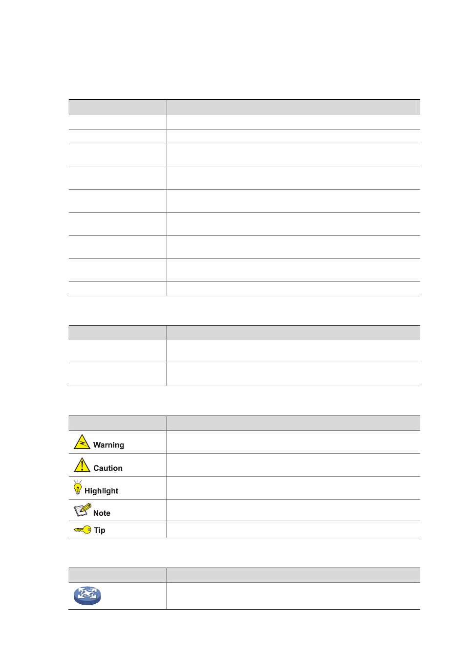Conventions, Command conventions, Gui conventions | Symbols, Network topology icons | H3C Technologies H3C WX6000 Series Access Controllers User Manual | Page 4 / 678