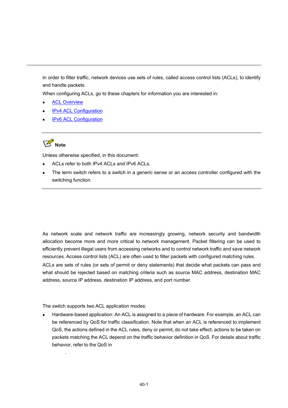 40 acl overview, Introduction to acl, Introduction | Application of acls on the switch, 1 application of acls on the switch, Acl overview | H3C Technologies H3C WX6000 Series Access Controllers User Manual | Page 403 / 678