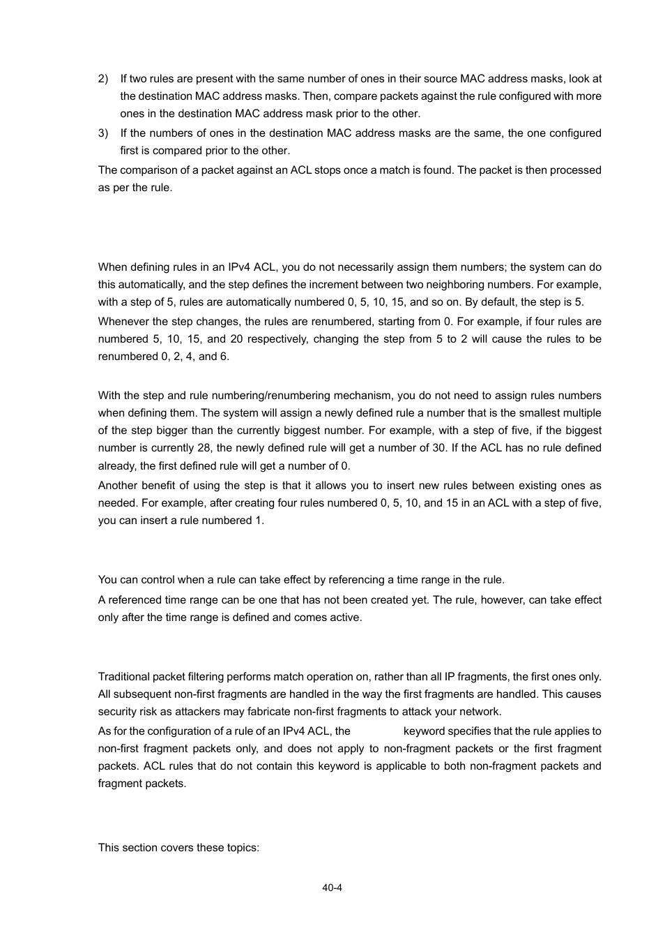 Ipv4 acl step, Meaning of the step, Benefits of using the step | Effective period of an ipv4 acl, Ip fragments filtering with ipv4 acl, Introduction to ipv6 acl, 4 effective period of an ipv4 acl | H3C Technologies H3C WX6000 Series Access Controllers User Manual | Page 406 / 678
