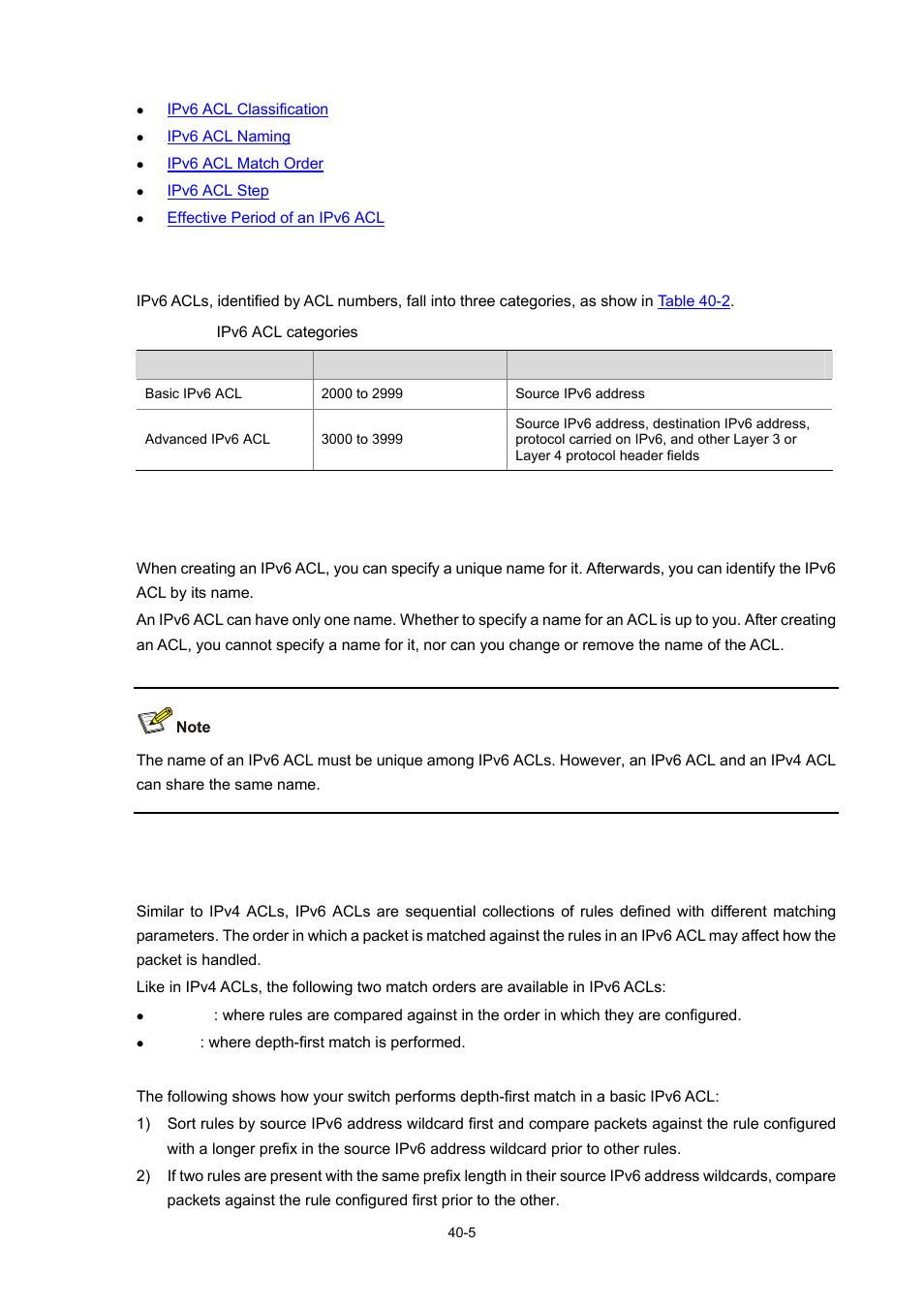 Ipv6 acl classification, Ipv6 acl naming, Ipv6 acl match order | Depth-first match for a basic ipv6 acl, 5 ipv6 acl naming, 5 ipv6 acl match order | H3C Technologies H3C WX6000 Series Access Controllers User Manual | Page 407 / 678