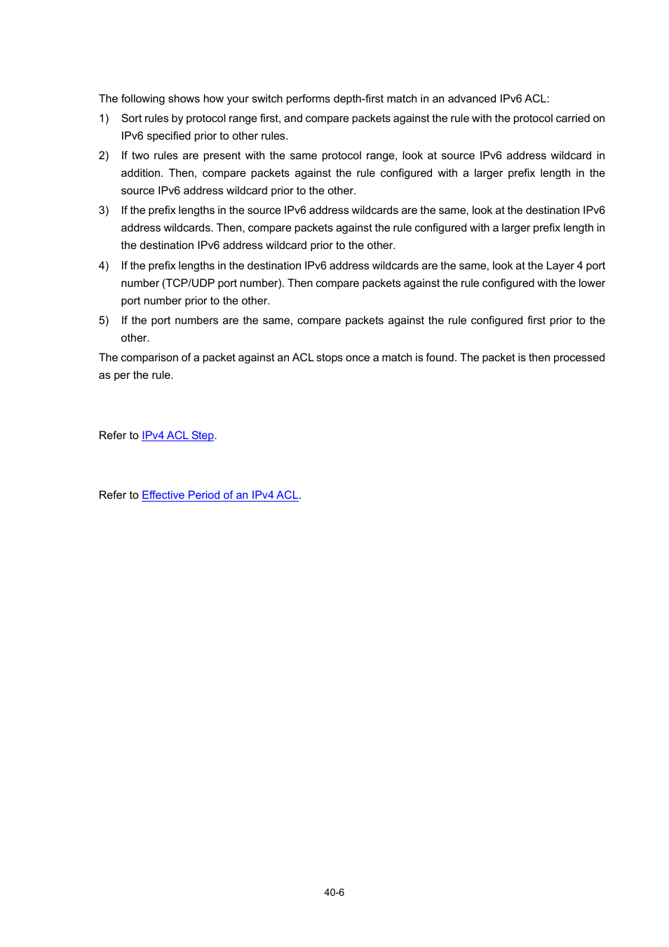 Depth-first match for an advanced ipv6 acl, Ipv6 acl step, Effective period of an ipv6 acl | 6 effective period of an ipv6 acl | H3C Technologies H3C WX6000 Series Access Controllers User Manual | Page 408 / 678