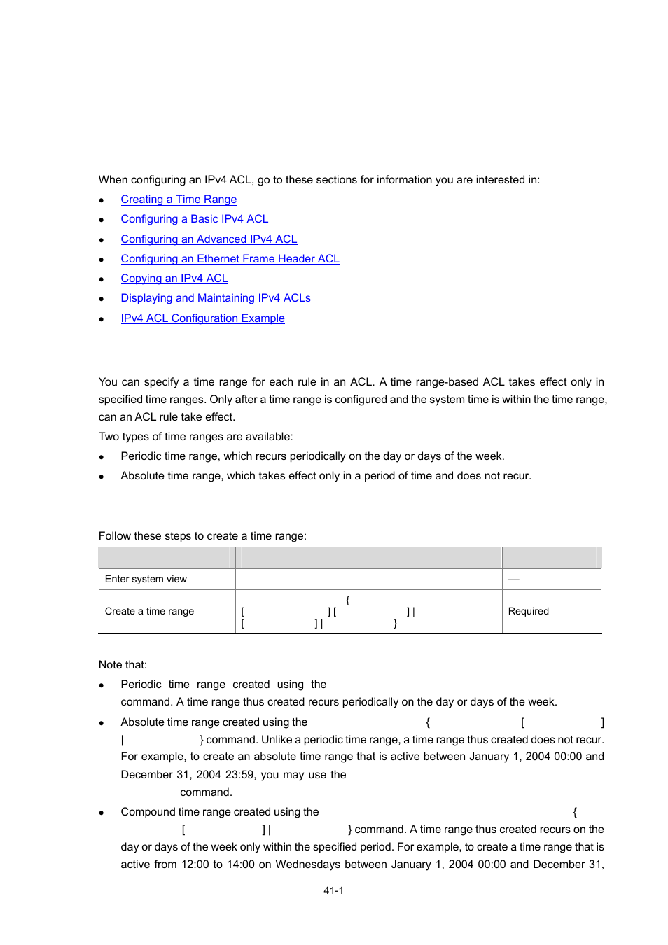 41 ipv4 acl configuration, Creating a time range, Configuration procedure | Ipv4 acl configuration | H3C Technologies H3C WX6000 Series Access Controllers User Manual | Page 409 / 678