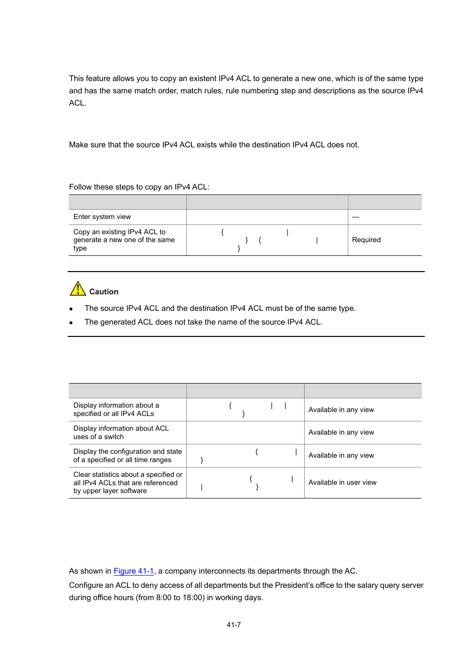 Copying an ipv4 acl, Configuration prerequisites, Configuration procedure | Displaying and maintaining ipv4 acls, Ipv4 acl configuration example, Network requirements, 7 configuration procedure, 7 ipv4 acl configuration example | H3C Technologies H3C WX6000 Series Access Controllers User Manual | Page 415 / 678