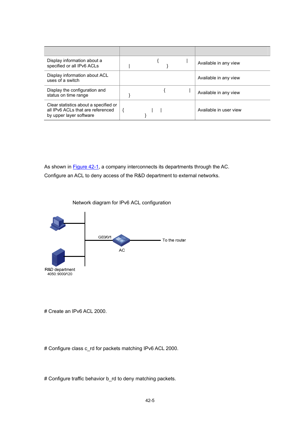Displaying and maintaining ipv6 acls, Ipv6 acl configuration example, Network requirements | Network diagram, Configuration procedure, 5 ipv6 acl configuration example, 5 network diagram, 5 configuration procedure | H3C Technologies H3C WX6000 Series Access Controllers User Manual | Page 422 / 678