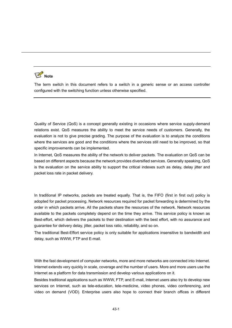 43 qos overview, Introduction, Traditional packet forwarding service | New requirements brought forth by new services, 1 traditional packet forwarding service, Qos overview | H3C Technologies H3C WX6000 Series Access Controllers User Manual | Page 424 / 678