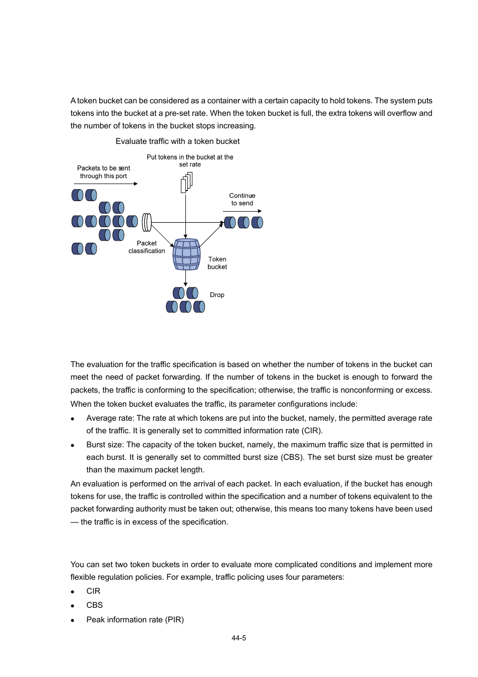 Traffic evaluation and token bucket, Token bucket, Evaluating traffic with a token bucket | Complicated evaluation | H3C Technologies H3C WX6000 Series Access Controllers User Manual | Page 432 / 678