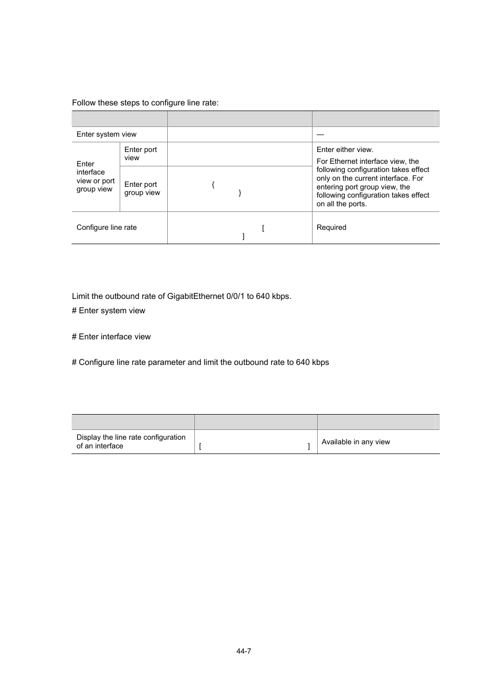 Line rate configuration, Line rate configuration procedure, Line rate configuration examples | Displaying and maintaining line rate, 7 line rate configuration examples | H3C Technologies H3C WX6000 Series Access Controllers User Manual | Page 434 / 678