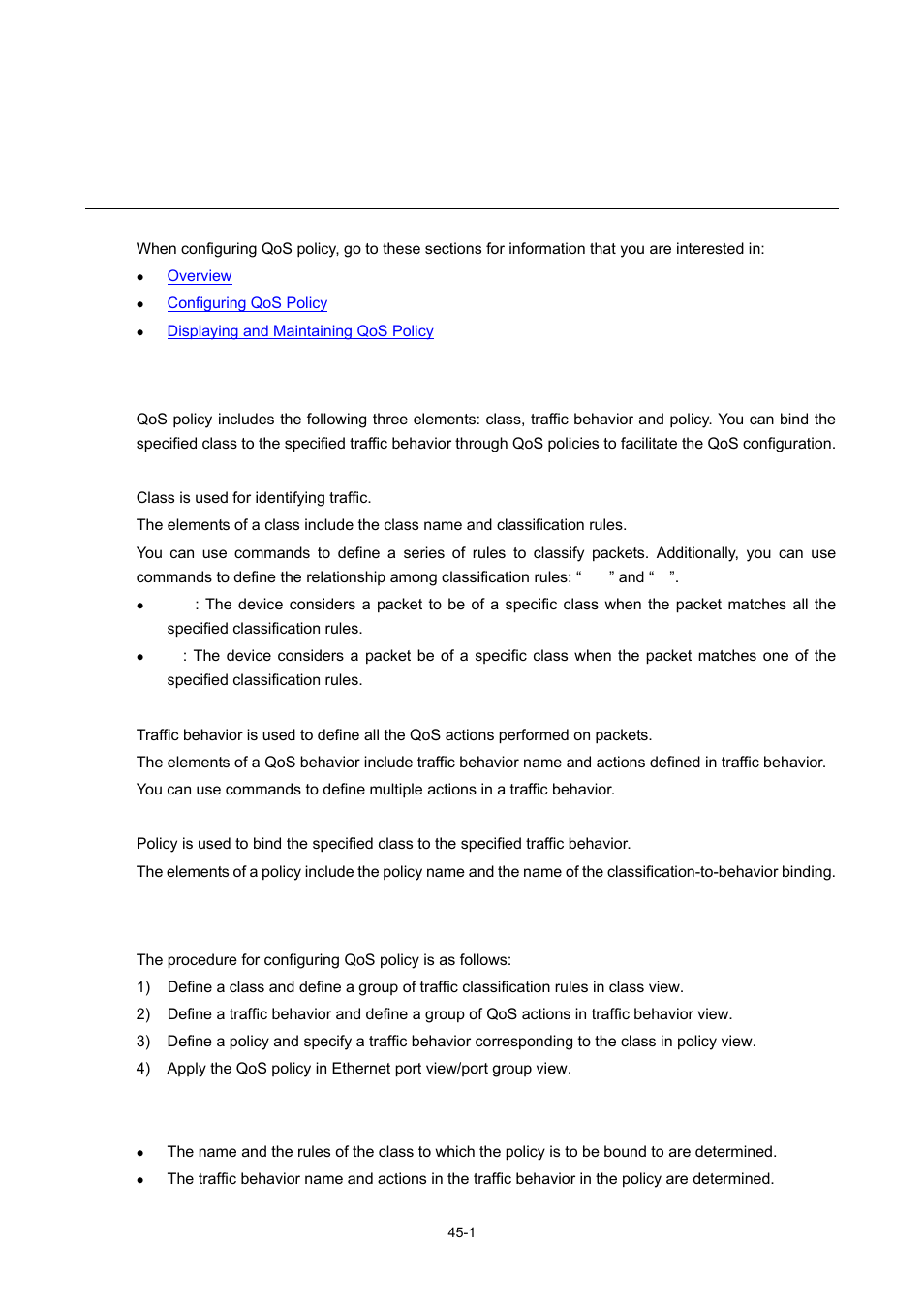 45 qos policy configuration, Overview, Class | Traffic behavior, Policy, Configuring qos policy, Configuration prerequisites, 1 configuring qos policy, Qos policy configuration | H3C Technologies H3C WX6000 Series Access Controllers User Manual | Page 435 / 678