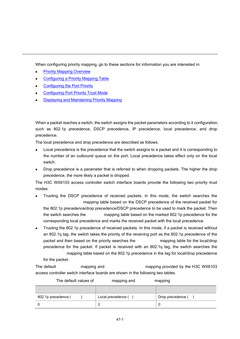 47 priority mapping, Priority mapping overview, Priority mapping | H3C Technologies H3C WX6000 Series Access Controllers User Manual | Page 447 / 678