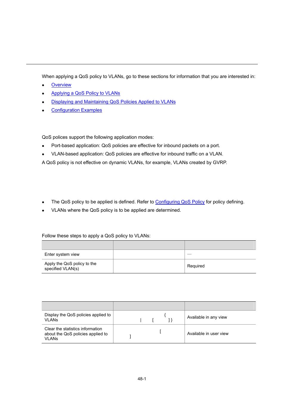 48 applying a qos policy to vlans, Overview, Applying a qos policy to vlans | Configuration prerequisites, Configuration procedure, 1 applying a qos policy to vlans, 1 configuration procedure | H3C Technologies H3C WX6000 Series Access Controllers User Manual | Page 452 / 678