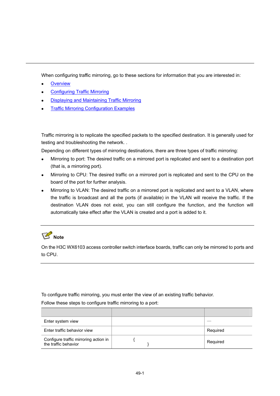 49 traffic mirroring configuration, Overview, Configuring traffic mirroring | 1 configuring traffic mirroring, Traffic mirroring configuration | H3C Technologies H3C WX6000 Series Access Controllers User Manual | Page 454 / 678