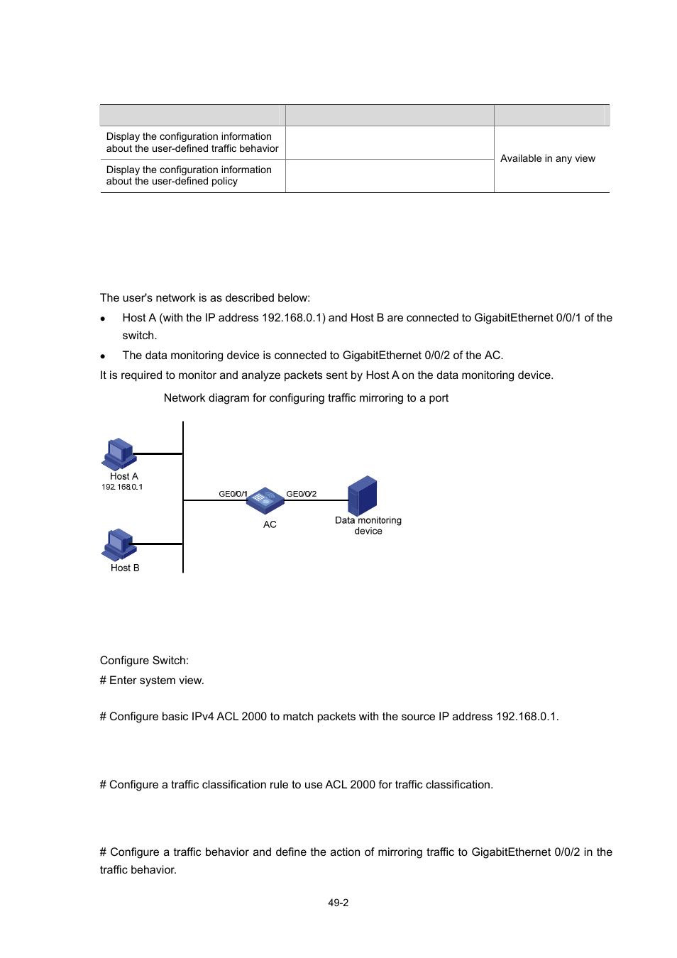 Displaying and maintaining traffic mirroring, Traffic mirroring configuration examples, Network requirements | Configuration procedure, 2 traffic mirroring configuration examples, 2 configuration procedure | H3C Technologies H3C WX6000 Series Access Controllers User Manual | Page 455 / 678