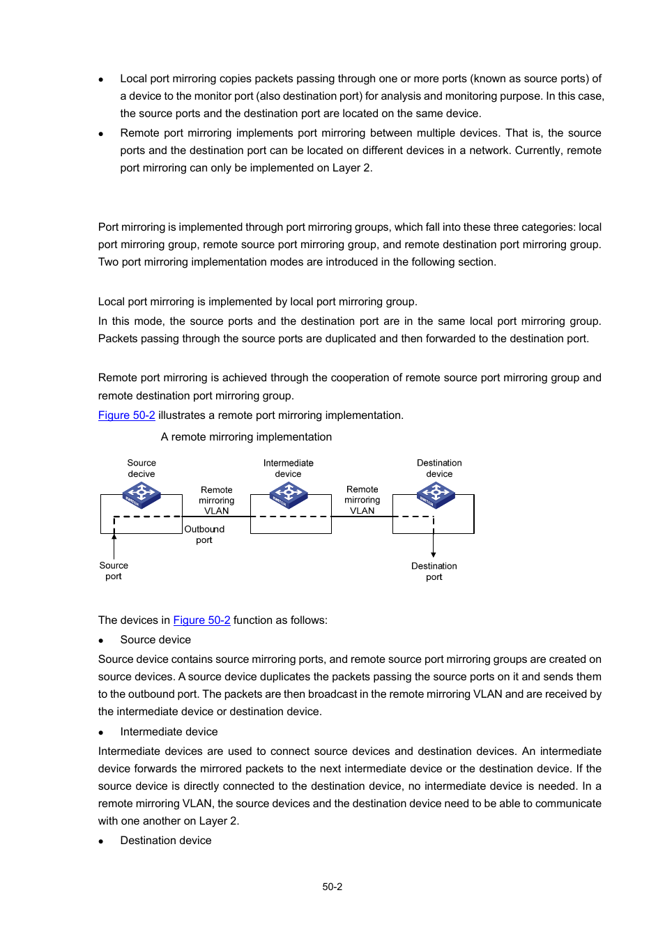 Implementing port mirroring, Local port mirroring, Remote port mirroring | H3C Technologies H3C WX6000 Series Access Controllers User Manual | Page 458 / 678