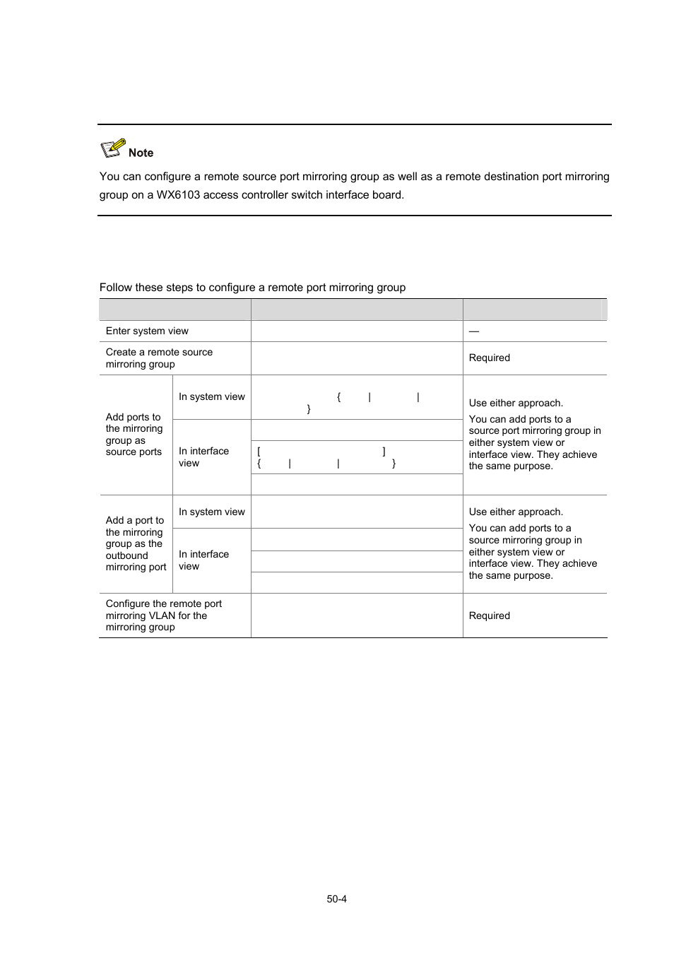 Configuring remote port mirroring, Configuring a remote source mirroring group | H3C Technologies H3C WX6000 Series Access Controllers User Manual | Page 460 / 678