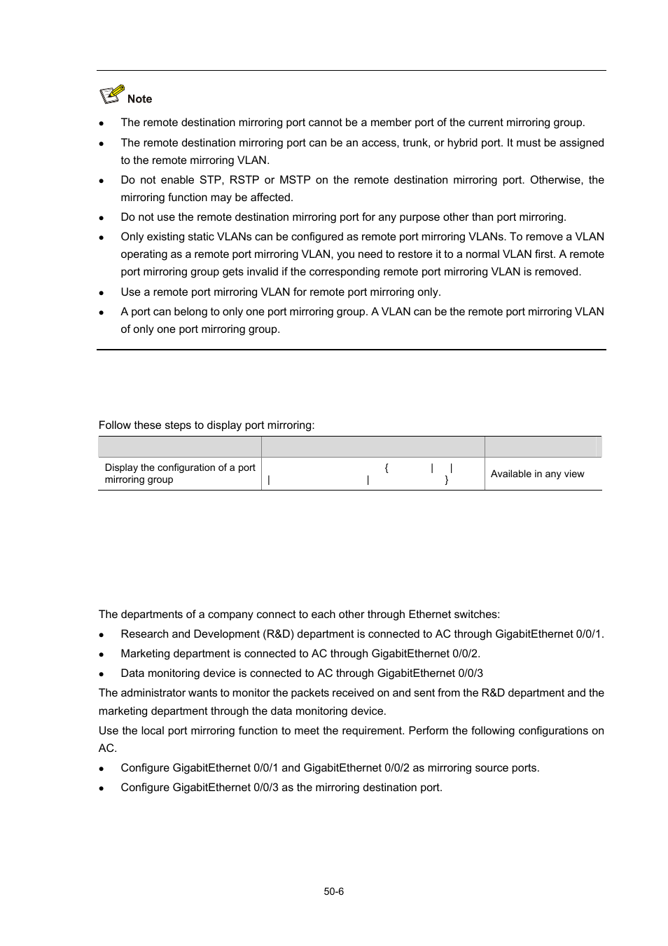 Displaying port mirroring, Port mirroring configuration examples, Local port mirroring configuration example | Network requirements, 6 port mirroring configuration examples | H3C Technologies H3C WX6000 Series Access Controllers User Manual | Page 462 / 678