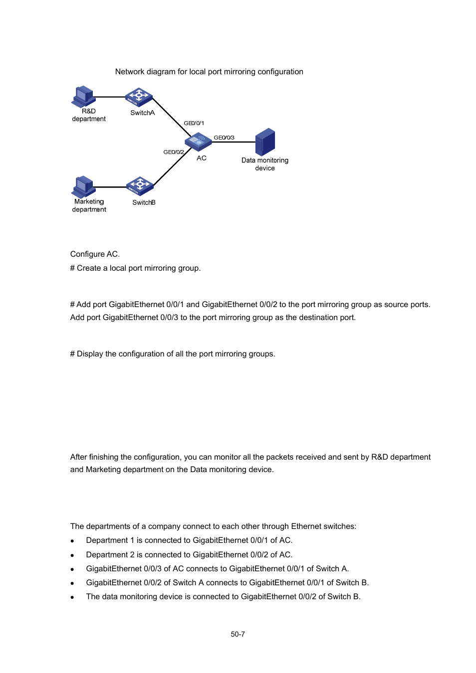 Network diagram, Configuration procedure, Remote port mirroring configuration example | Network requirements | H3C Technologies H3C WX6000 Series Access Controllers User Manual | Page 463 / 678