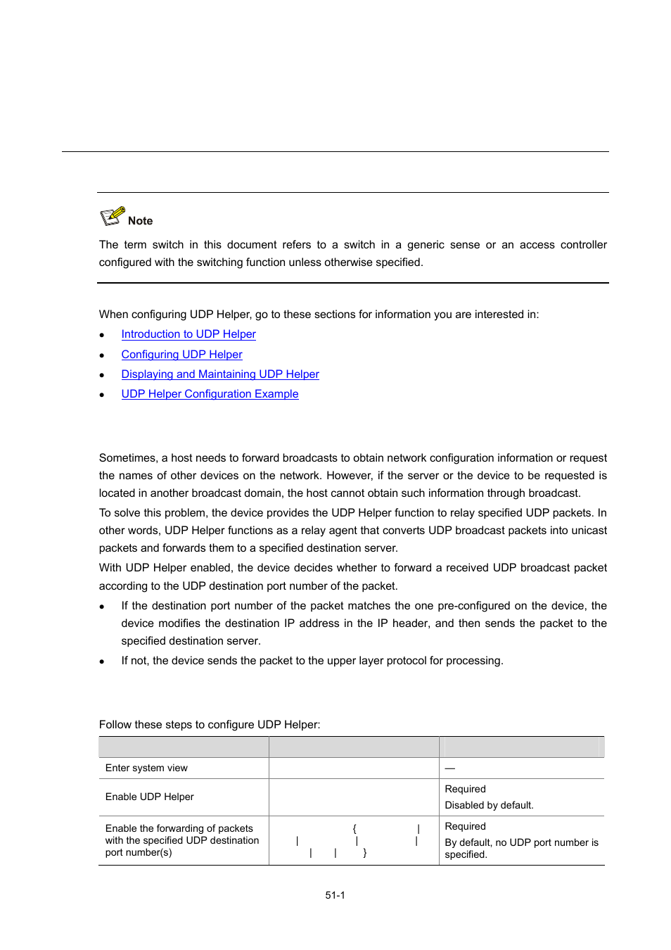 51 udp helper configuration, Introduction to udp helper, Configuring udp helper | 1 configuring udp helper, Udp helper configuration | H3C Technologies H3C WX6000 Series Access Controllers User Manual | Page 466 / 678