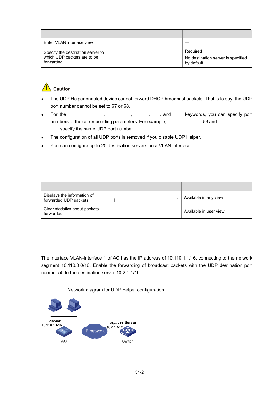 Displaying and maintaining udp helper, Udp helper configuration example, Network requirements | Network diagram, 2 udp helper configuration example | H3C Technologies H3C WX6000 Series Access Controllers User Manual | Page 467 / 678