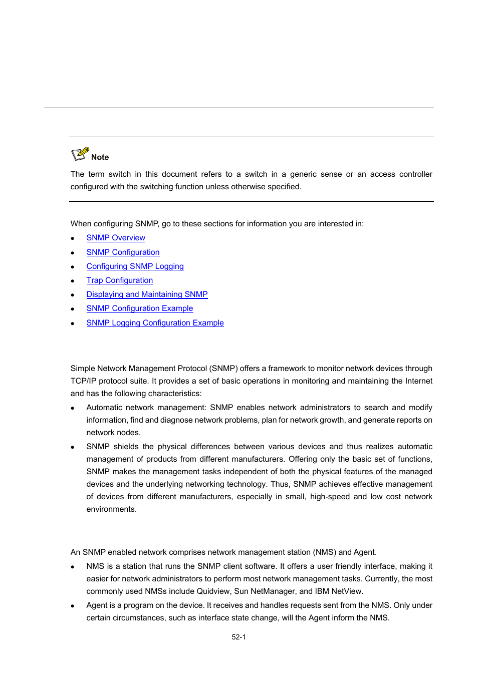 52 snmp configuration, Snmp overview, Snmp mechanism | Snmp configuration | H3C Technologies H3C WX6000 Series Access Controllers User Manual | Page 469 / 678