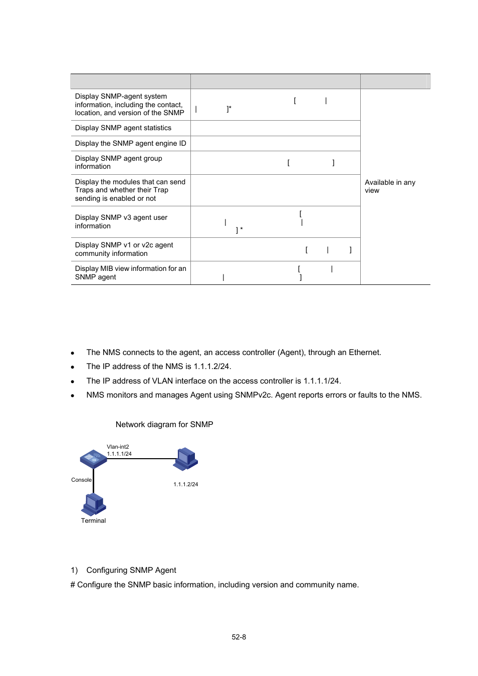 Displaying and maintaining snmp, Snmp configuration example, Network requirements | Network diagram, Configuration procedure, 8 snmp configuration example | H3C Technologies H3C WX6000 Series Access Controllers User Manual | Page 476 / 678