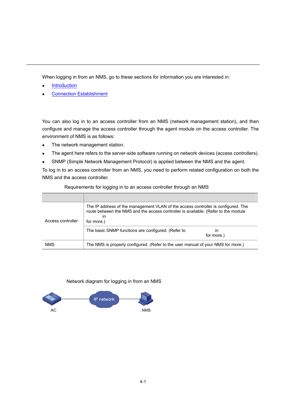4 logging in from an nms, Introduction, Connection establishment | 1 connection establishment, Logging in from an nms | H3C Technologies H3C WX6000 Series Access Controllers User Manual | Page 48 / 678