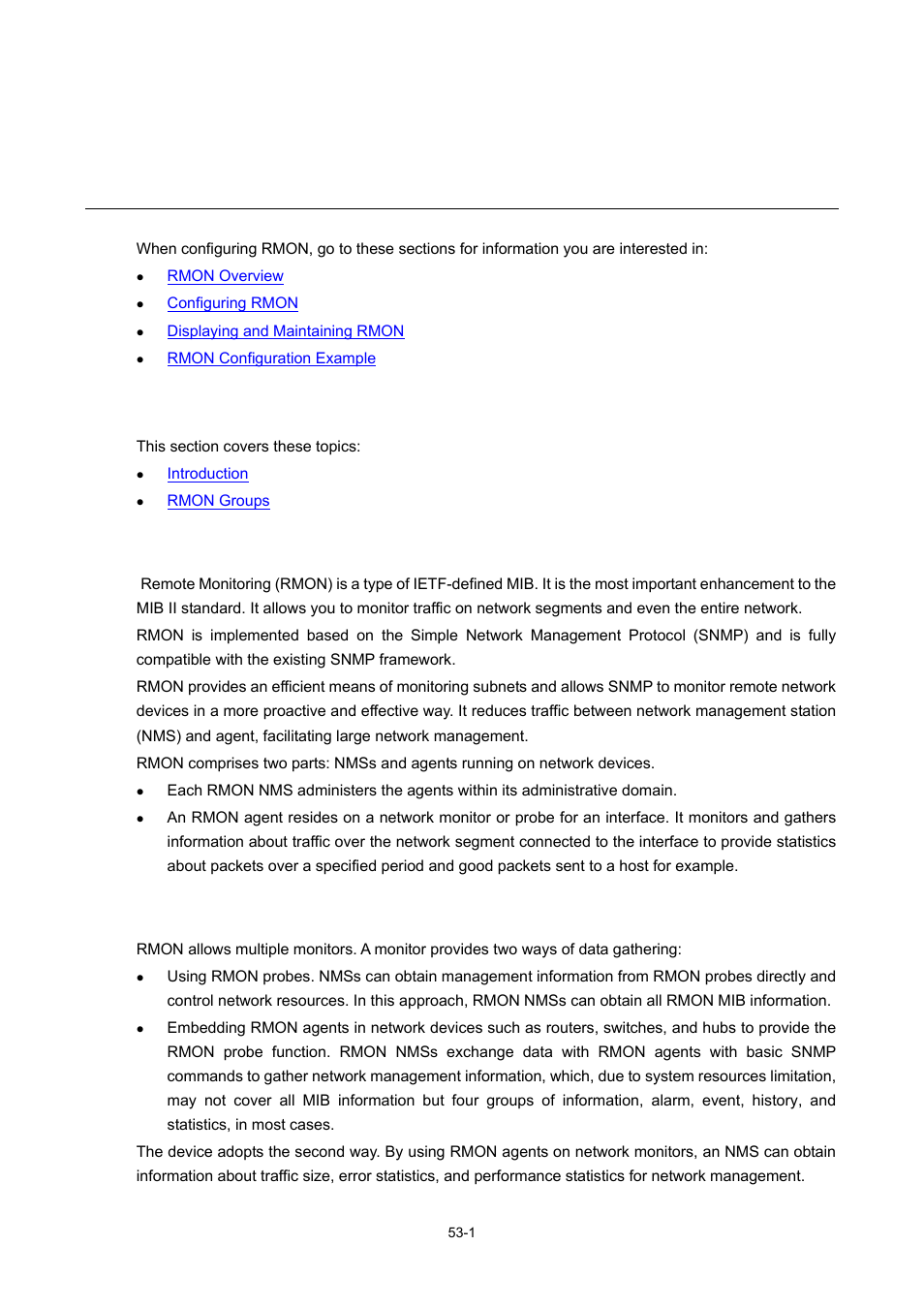 53 rmon configuration, Rmon overview, Introduction | Working mechanism, 1 working mechanism, Rmon configuration | H3C Technologies H3C WX6000 Series Access Controllers User Manual | Page 480 / 678