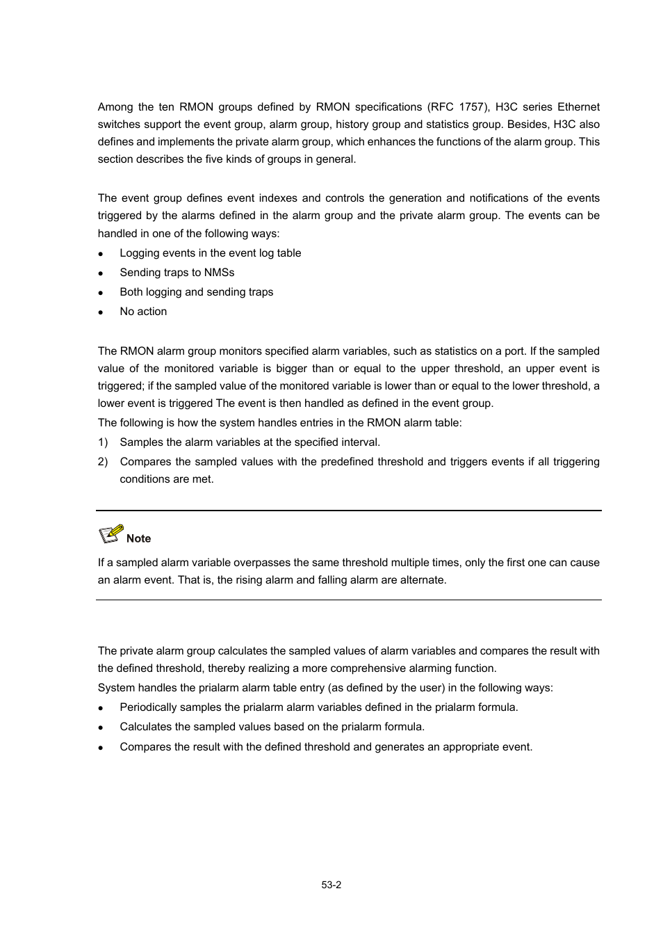 Rmon groups, Event group, Alarm group | Private alarm group | H3C Technologies H3C WX6000 Series Access Controllers User Manual | Page 481 / 678