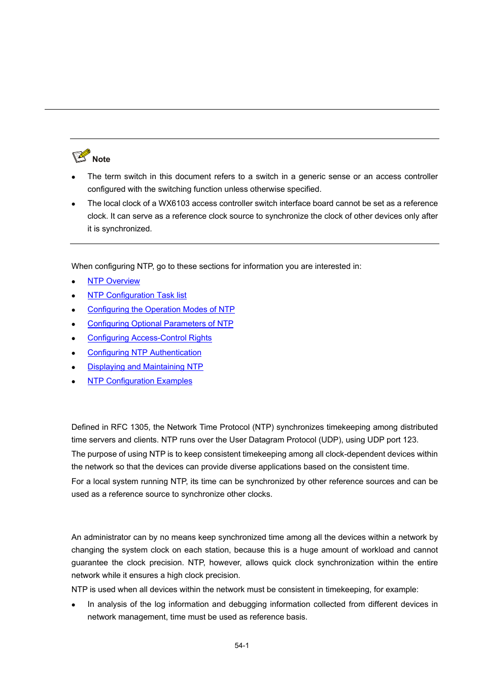 54 ntp configuration, Ntp overview, Applications of ntp | Ntp configuration | H3C Technologies H3C WX6000 Series Access Controllers User Manual | Page 486 / 678